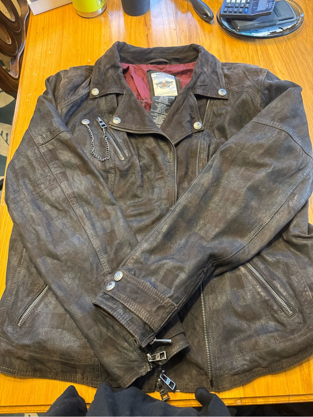 Harley-Davidson Dark Brown Leather Biker Jacket with Burgundy Lining